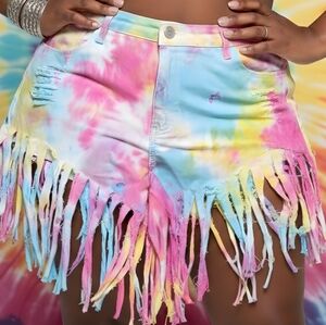 Tie-Dye Fringe Jean Shorts